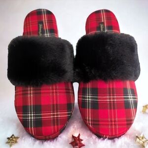 Victoria's Secret Signature Satin Red Black Plaid Slippers Size M